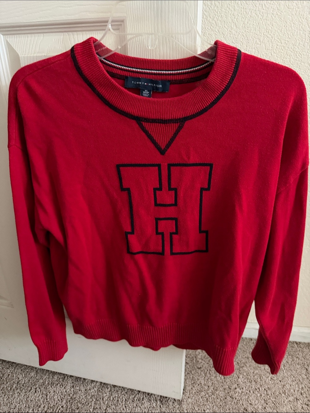 Tommy Hilfiger Red Crewneck Sweater with Black Trim & Embroidered H